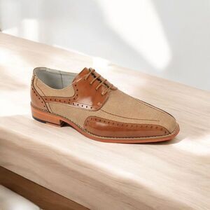 GIOVANNI MEN'S "SIMON" TAN LEATHER AND CANVAS DRESS SHOE. SIMON